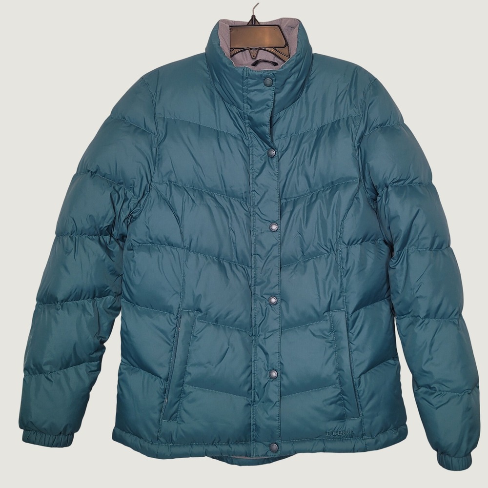 L.L. Bean Puffer Jacket Womens M Teal Quilted Down Insulated Full Zip Outerwear